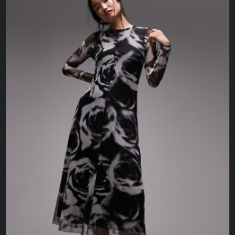Topshop Long Sleeve Mesh Midi Dress